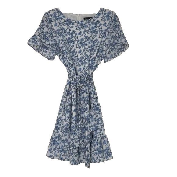 Banana Republic Blue & White Floral Ruffled Dress Size 6 Belted Flutter Sleeves - Picture 1 of 16